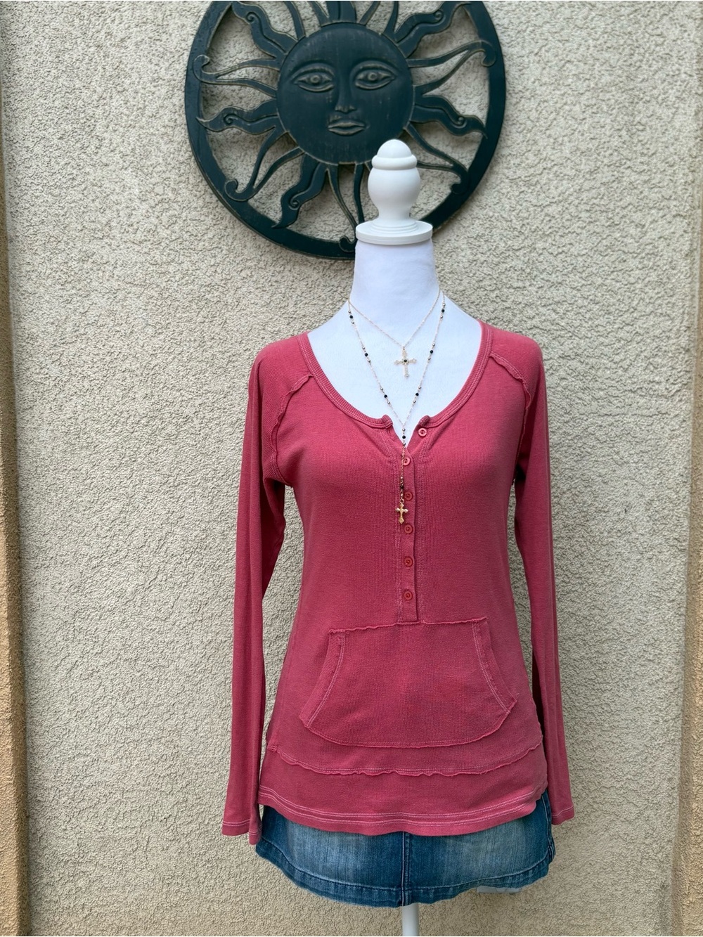 Maurices Salmon Button Up Kangaroo Pocket Distressed Seam Henley Top Fall Cozy
